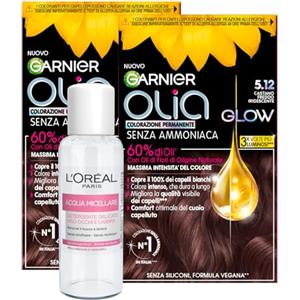 Garnier Olia Glow Colorazione Capelli Tinta Permanente Colore 5.12 Castano Freddo Iridescente 2 Tinte + Acqua Micellare Detergente Delicato Viso Occhi Labbra Formato Viaggio 30ml