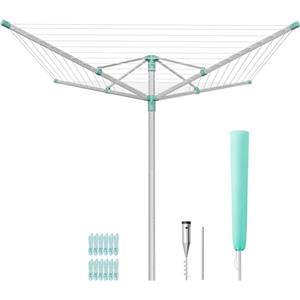 SONGMICS Stendibiancheria a Ombrello, Stendino da Esterno, Altezza Regolabile, Lega di Alluminio, Ancoraggio al Suolo, con Copertura, Clip, Argento e Verde, 50 m di Filo, per 5 Lavaggi LLR301E01V1