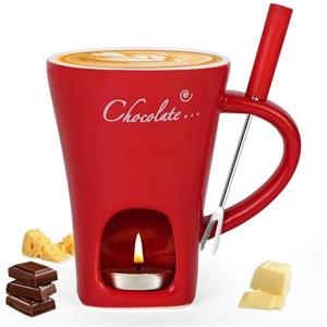 Vicloon Tazza per Fonduta in Ceramica, 130 mlCeramic Melting Pot with Fork con Forchette, Strumenti Creativi da Dessert, Crogiolo Scalda-Burro Riscaldante per Tea Light, Caramelle, Cioccolato(Rosso)