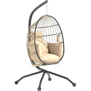 Outsunny Poltrona Sospesa a Uovo con Gancio Regolabile, 2 Cuscini Lavabili e Portabicchieri, Sedia a Dondolo da Giardino Pieghevole, Base a X in Acciaio, per Interni ed Esterni, 120x88x192 cm, Cachi