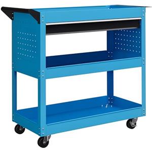 DURHAND Carrello Porta Attrezzi con Manico e Scheda Laterale, Cassetto e 3 Ripiani, Carrello Officina Porta Utensili con 4 Ruote(2 con Freno) in Lamiera di Acciaio per Garage, 82x35x76 cm, Blu