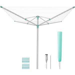 SONGMICS Stendibiancheria a Ombrello, Stendino da Esterno, Altezza Regolabile, Lega di Alluminio, Ancoraggio al Suolo, con Copertura, Clip, Argento e Verde, 60 m di Filo, per 6 Lavaggi LLR302E01V1