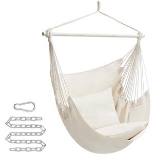 SONGMICS Sedia Amaca, Grande Sedia Sospesa con 2 Cuscini, Sedia a Dondolo con Catena, Capacità 150 kg, per Interni, Esterni, Soggiorno, Camera da Letto, Bianco Crema GDC197M01