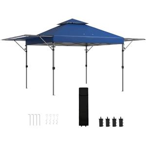 Outsunny Gazebo 5x3 m Pop Up con Pareti Estensibili, Gazebo Pieghevole con Apertura a Bottone, Doppio Tetto, Altezza Regolabile e Borsa con Ruote, Blu