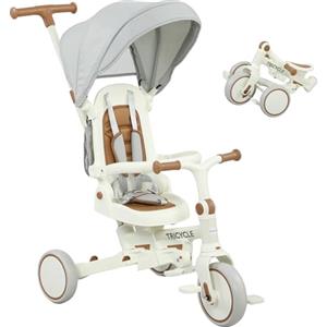 AIYAPLAY Triciclo per Bambini 5 in 1 con Maniglione, Copertura Superiore Rimovibile, Cintura a 5 Punti e Barra di Sicurezza, Triciclo Bambini in Alluminio e PP, 96.5x49x101 cm, Bianco Crema