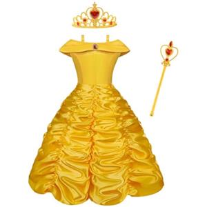 Vicloon Belle Cosplay Costume, Principessa Belle Carnevali Costume Vestito da Ragazza con Principessa Corona, Principessa Bacchetta, Festa di Compleanno Natale Holloween Cosplay Party, 120CM