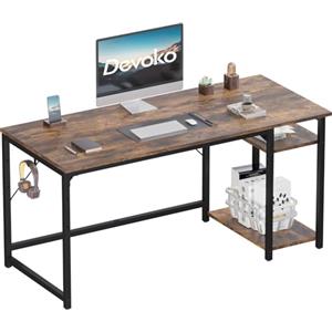 Devoko Scrivania Per Computer Industriale 140 x 50 cm, 2 Ripiani Regolabili Sinistra/Destra in Acciaio, Tavolo da Lavoro Mobile per Ufficio Casa Stile Vintage Marrone & Nero