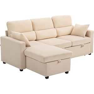 HOMCOM Divano Letto 3 Posti con Chaise Longue Convertibile, Divano Angolare con Penisola Vano Portaoggetti e 2 Cuscini, in Velluto a Coste, per Soggiorno Salotto Ufficio, 205x135x76 cm, Beige