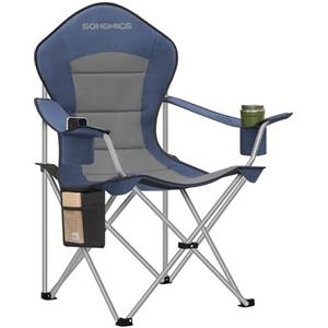 SONGMICS Sedia da Campeggio, Sedia Pieghevole e Portatile con Seduta Ampia, Schienale Alto, con Portabicchiere, Supporto per Cellulare, Organizzatore in Tessuto, Blu e Grigio GCB005QE01