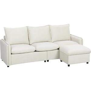 HOMCOM Divano Angolare 3 Posti Divano ad Angolo Modulare in Tessuto Effetto Pelle Traspirante 212x125x84 cm con Contenitore Poggiapiedi Rimovibile e Cuscini, Divano a L Reversibile per Salotto, Crema