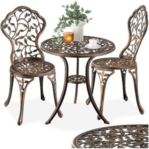 tectake® Set Bistrot per 2 Persone, Motivo Foglia Vintage, Telai in Alluminio Inossidabile, Tavolo da Giardino e 2 Sedie da giardino, Piedini Regolabili, Ideale per Terrazzo, Tavolino da Balcone