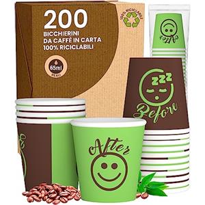 Baciato Caffè 200 Bicchierini in Carta da caffè 65ml DownUP Green Bicchieri Ecologici Biodegradabili Monouso Piccoli Asporto Bevande Calde