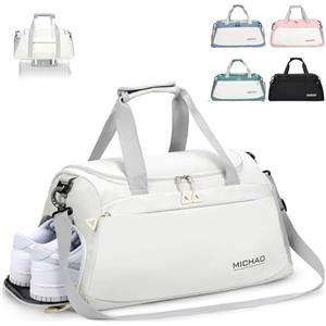Damcyer Borsone Da Viaggio, 35L Borsone Palestra Borsone Da Viaggio Donna Con Scomparto Per Scarpe e Tasche Umide Impermeabili, Borse Sportive Per Sport Viaggi Nuoto Yoga Escursionismo, Bianco Perla