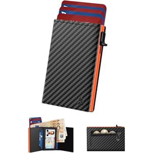 dwnkove Porta Carte di Credito Uomo Piccolo, Portafoglio Uomo Slim con Chiusura Magnetica e Finestra ID, Portacarte in Pelle pop-up per 11 carte, Porta Tessere con Portamonete e Banconote, Nero e Arancione