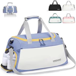 Damcyer Borsone Da Viaggio, 35L Borsone Palestra Borsone Da Viaggio Donna Con Scomparto Per Scarpe e Tasche Umide Impermeabili, Borse Sportive Per Sport Viaggi Nuoto Yoga Escursionismo, Bianco+Blu