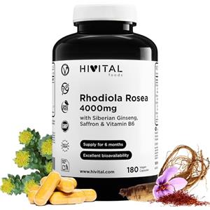 HIVITAL foods Rhodiola Rosea 4000 mg. 180 capsule vegane per 6 mesi di trattamento. Con estratti di Rhodiola Rosea, Ginseng Siberiano, Zafferano e Vitamina B6. Prodotto in Europa da HIVITAL