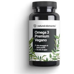 natural elements Omega 3 Premium Vegano - 60 capsule - 2000 mg di olio di alghe, 800 mg DHA e 400 mg EPA per dose giornaliera - omega 3 per vegani - alto dosaggio, senza additivi inutili