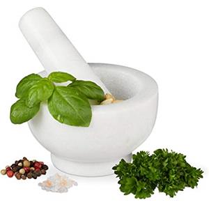 Relaxdays Mortaio & Pestello in Marmo, Robusto & Resistente, Erbe Aromatiche, in Pietra Lucida, V 120ml, Ø 10, Bianco