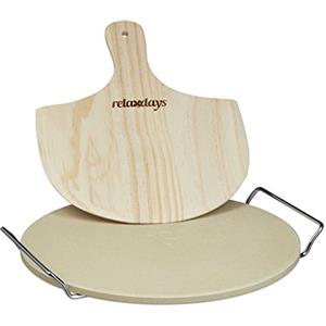 Relaxdays Pietra Refrattaria, per Pizza, Set con Pala in Legno, Cordierite Rotonda, HLP: 4 x 32 x 32 cm, colore naturale