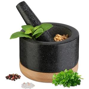 Relaxdays Mortaio con Pestello in Granito, HxD 8,5x14 cm, Schiaccia Erbe per Pesto e Cocktail, Base Legno, Naturale Nero