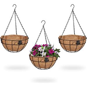 Relaxdays Vasi Sospesi per Piante, Set 3 Portavasi in Fibra di Cocco e Ferro, HD 48x31 cm, Indoor&Outdoor, Nero Naturale