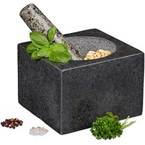 Relaxdays Mortaio e Pestello, in Granito, Erbe e Spezie, Volume: 500 ml, Pietra Lucida, LxP: 14,5x14,5 cm, Grigio Scuro
