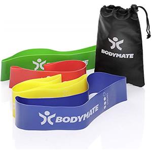 BODYMATE Set di bande elastiche fitness 60cm x 5cm con 4 livelli di resistenza e borsa per il trasporto - bande elastiche per ginnastica, fitness, training funzionale - band loops in lattice naturale