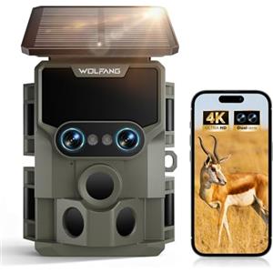 WOLFANG Fototrappola Solare 64MP 4K 30fps, Doppia Lente Wi-fi Bluetooth Fotocamera Caccia con Visione Votturna Stellata, 5000mAh Angolo di Rilevamento 120° Impermeabile IP66