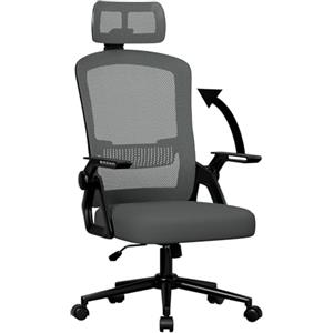 naspaluro Sedia da Ufficio, Scrivania Ergonomica con Poggiatesta Regolabile, Con Braccioli Pieghevoli, Seduta e Schienale in Rete Respirante, Girevole con Ruote, Funzione Oscillante, Grigio scuro