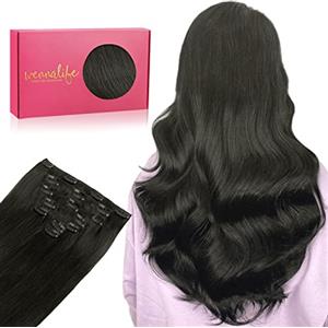 WENNALIFE, Extension a clip di capelli veri, remy, vergini, doppia ciocca, 70 g, 45,7 cm, nero naturale, corti, da donna