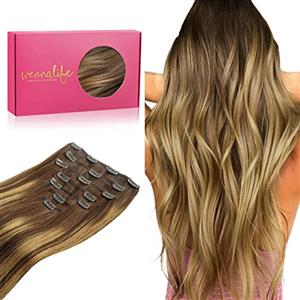 WENNALIFE Extension Capelli Veri Clip, 45cm 120g 7pcs Extension Clip Capelli Veri Balayage Marrone Cioccolato a Biondo Caramello Remy Umani Naturali Capelli Extension con Clip