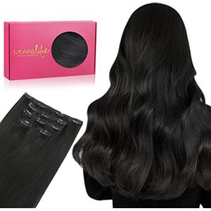 WENNALIFE Extension con clip in capelli veri, 75 g, 5 pezzi, 35 cm, colore nero naturale