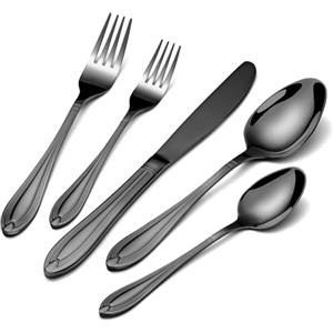 univinlions univionlions Set di posate per 6 persone, 30 pezzi Posate in acciaio inossidabile lucido Include coltelli, forchette e cucchiai Posate nere