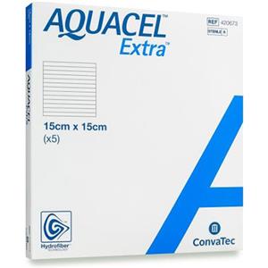 CONVATEC AQUACEL EXTRA HYDROFIBER 15x15 cm - Medicazione altamente assorbente e conformabile in Hydrofiber con fibra rinforzante, confezione da 5 pezzi