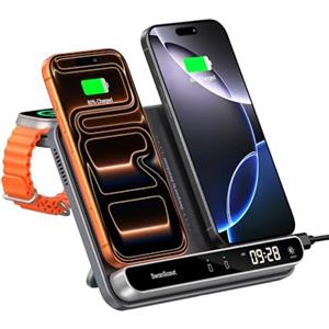 SwanScout Caricatore Wireless Dual per iPhone 17/Air/17e/16/15/14/13/12, Stazione di Ricarica per Apple Watch 11/10/9/8/7/6/Ultra 3/SE 3 & AirPods 4/Pro 3, Caricabatterie Senza Fili per 2 Phone, 710A