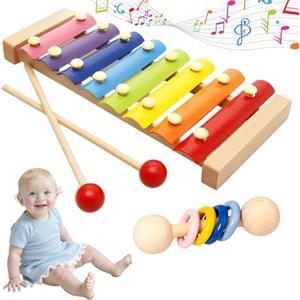 ZocRjvN Xilofono bambini 1 anno, set da 2 xilofono colorato in legno con campana, strumenti musicali per bambini a partire da 1 anno, 12 x 23,5 cm e 2,5 x 9,4 cm