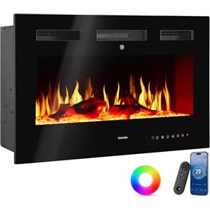 tectake® Caminetto elettrico da parete, Camino Elettrico 91,5x43x12 cm, 2 livelli di riscaldamento 900 W e 1800 W, 6 colori per effetto fuoco finto LED 3D, controllo app e WiFi e telecomando, Stufa