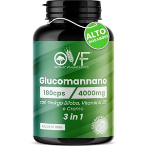 PARAFARMACIA, ORGANIC VITAMINS & FOOD OVF Glucomannano Forte 4000mg 180 cps - Naturale con Ginkgo Biloba, Vitamina B3 (Niacina), Cromo