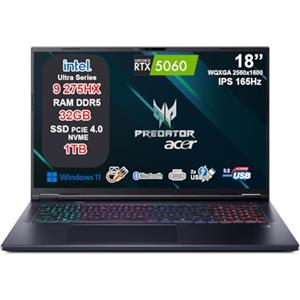 acer Predator Helios Neo 18 AI Gaming Notebook, Intel Core Ultra 9 275HX, RTX 5060 8GB GDDR7, 32GB DDR5 6400MHz, SSD 1TB, Display 18 WQXGA IPS 165Hz, Thunderbolt 4, 2.5G LAN, Wi-Fi 6E, RGB 4 Zone