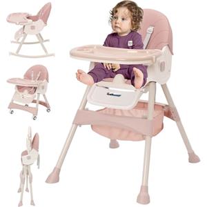 Nukdey Seggiolone Pappa Evolutivo 3 in 1, Pieghevole, Sedia Reclinabile, con Altezza Regolabile e Poggiapiedi, Vassoio Rimovibile, 3 Schienale Regolabile e Cintura di Sicurezza a 5 Punti, da 6+ Mesi, Rosa