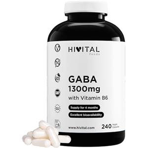 HIVITAL foods GABA 1300 mg con Vitamina B6. 240 capsule vegane per 4 mesi di trattamento. Acido Gamma-Amminobutirrico con 3,5 milligrammi di Vitamina B6. Prodotto in Europa da HIVITAL