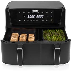 Princess Friggitrice ad Aria a Doppio Cestello con Pannello Digitale, Capacità Totale 11 L (6,5 L + 4,5 L), 2700 W, 8 Programmi Automatici, 80-200 °C, Rivestimento Antiaderente, 182470