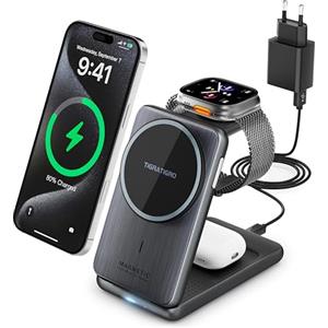 Tigratigro Caricatore Wireless Stazione, magnetico pieghevole 3 in 1 con MagSafe, Ricarica Rapid da 15W Caricabatterie per Apple iPhone serie 16/15/14/13/12, Apple Watch ed AirPods (Nero, W93)
