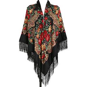 Gudessly 157,5 x 157,5 cm Oversize Donna Tradizionale Retro Sciarpa Avvolgere Nappa Frange Floreale Poncho Scialle Stampa Scialle, Nero, 63 * 63inch