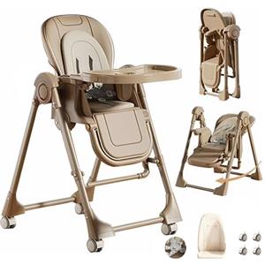 Magic ZC Pelle PU Seggiolone per Bambini Sedia da Pranzo per Multifunzionale Pappa Regolabili Convertibile Pieghevole con Doppi Vassoi Staccabili e Ruote (X8121 Khaki)