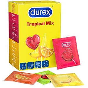 Durex Tropical Preservativi Aromatizzati alla Frutta (Banana, Mela, Fragola e Arancia), 24 Profilattici, Maxi Formato