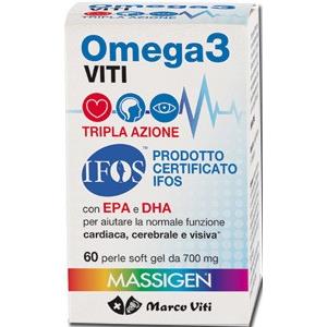 Massigen Omega 3 Viti Tripla Azione - Integratore Alimentare 60 Perle Softgel con EPA e DHA per il Benessere Cardiaco, Visivo e Cerebrale