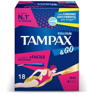 TAMPAX&GO Mini, 18 Assorbenti Interni con Applicatore in Plastica, Presa Antiscivolo e Doppio Cordino Protettivo, Ginecologicamente Testati, ideali per Flusso Leggero