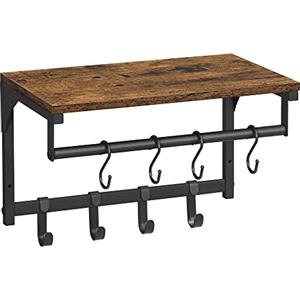 VASAGLE Appendiabiti da parete, armadio ingresso, guardaroba, con 8 ganci e mensola, per soggiorno, corridoio, camera da letto, 40 x 24 x 24 cm, marrone rustico e nero LCR103B01