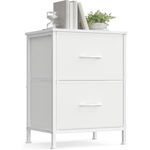 SONGMICS Comodino con 2 Cassetti in Tessuto non Tessuto, Acciaio, MDF, per Camera da Letto, Tavolino, Bianco Nuvola e Bianco Neve LGS312WH01